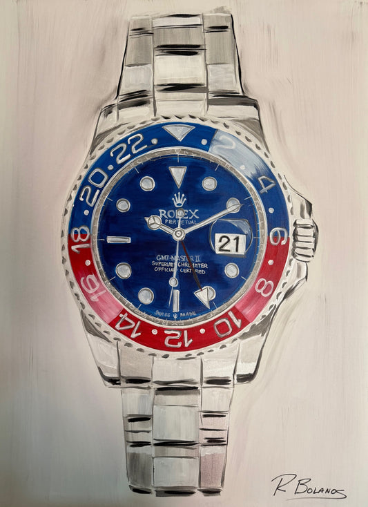 Red and Blue Watch, Inspired by famous brand-Original Watch art- hand drawn and painted.